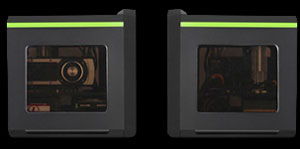 Two Shots of the DIYPC Cuboid-R Black Case, One Facing Right, the Other Facing Left