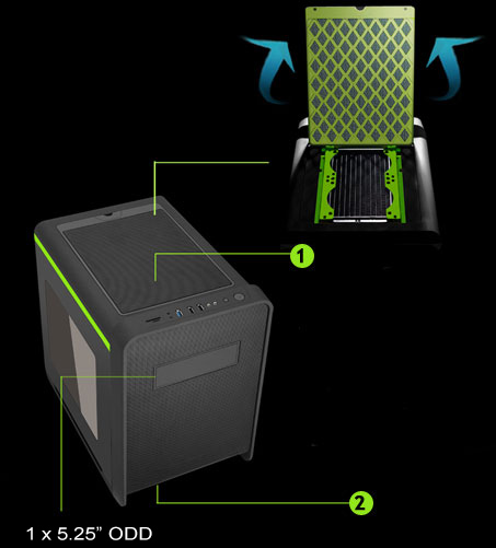 DIYPC Cuboid-R Black Case Angled Down to the Right with Two Numbered Points of Interest, 