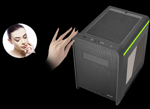 Portrait of a woman and a shot of a female hand touching the top left of the DIYPC Cuboid-R Case That's Angled Down to the Left