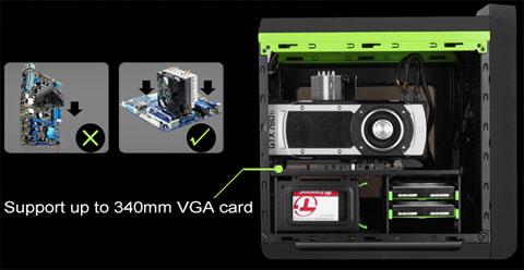 DIYPC Cuboid-R Black Case Facing to the Right, Fully Loaded with Components, Next to Images of a Motherboard Standing Up and a CPU heatsink installed on another