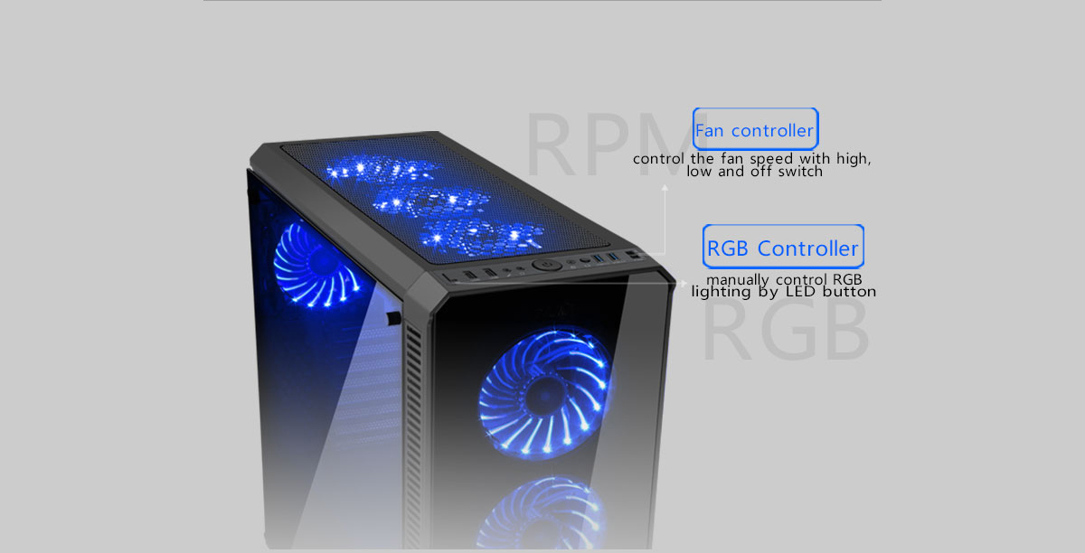 DIYPC Vanguard-RGB Case Angled Down to the Right along with text and graphics indicating: Fan controller - control the fan speed with high, low and off switch - RGB Controller - manually control RGB lighting by LED button - RPM and RGB