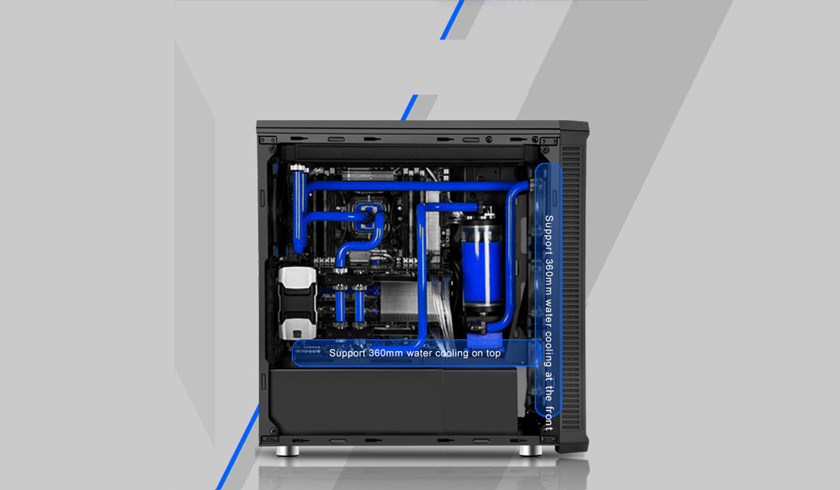 Fully loaded DIYPC Vanguard-RGB case with blue liquid cooling all throughout