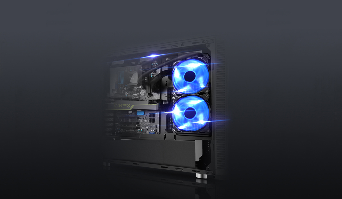 DIYPC Vanguard-RGB Case Fully loaded with two blue-lit fans