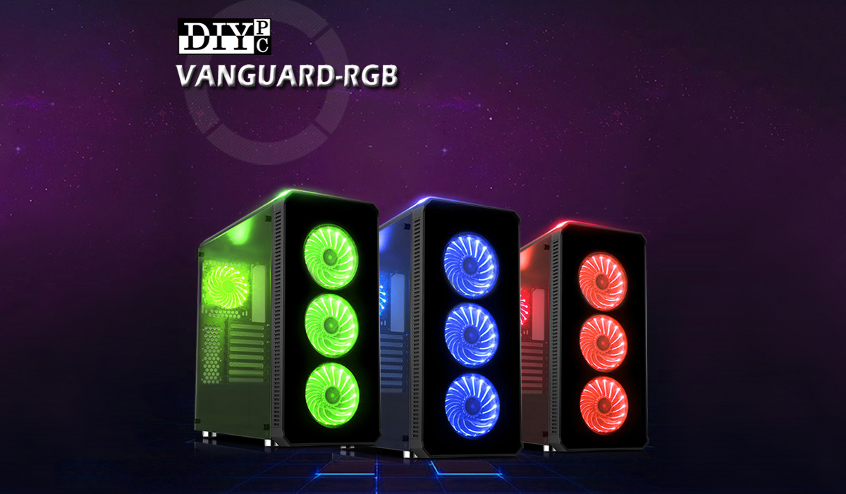 DIYPC Logo above three VANGUARD-RGB CASES in green, blue and red lighting respectively