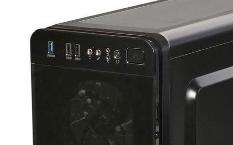 I/O Ports of the DIYPC VisionII-BG That's Angled to the Left