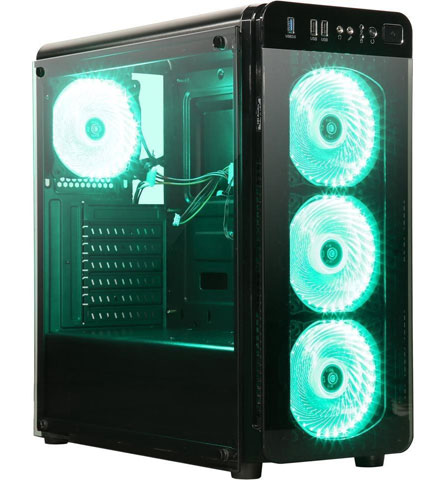 DIYPC VisionII-BG Case with Green RGB-Lit Fans, All Angled to the Right