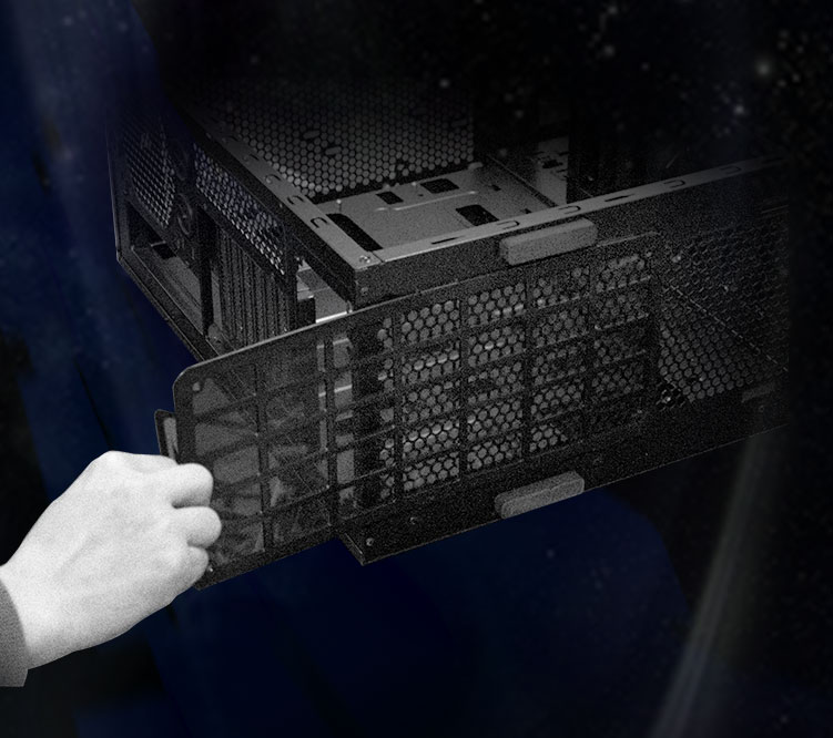 A hand pulling out the bottom dust filter from the DIYPC Skyline-06-RGB case that's laying down on its side