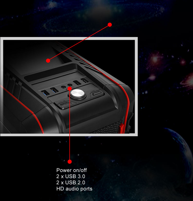 Top panel of the DIYPC Skyline-06-RGB case with graphics and text indicating the power on/off switch, two USB 3.0 ports, two USB 2.0 ports and HD audio ports