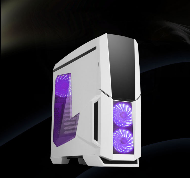 The case facing to the right with purple-lit fans