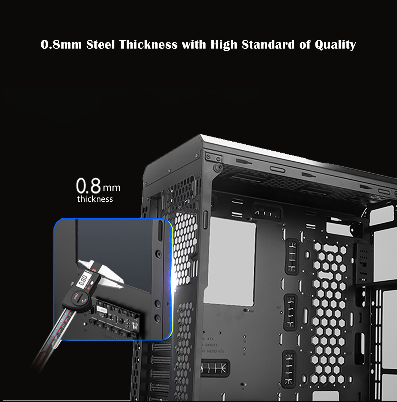 .8mm thickness text with an image of the case without it's panels