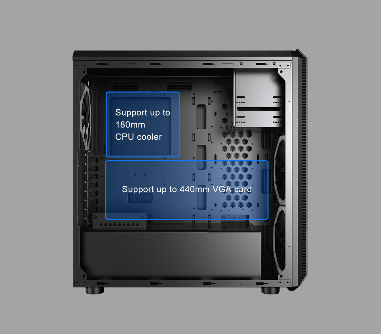 Case with its side panel removed with graphics and text indicating where the CPU cooler and graphics card can be installed