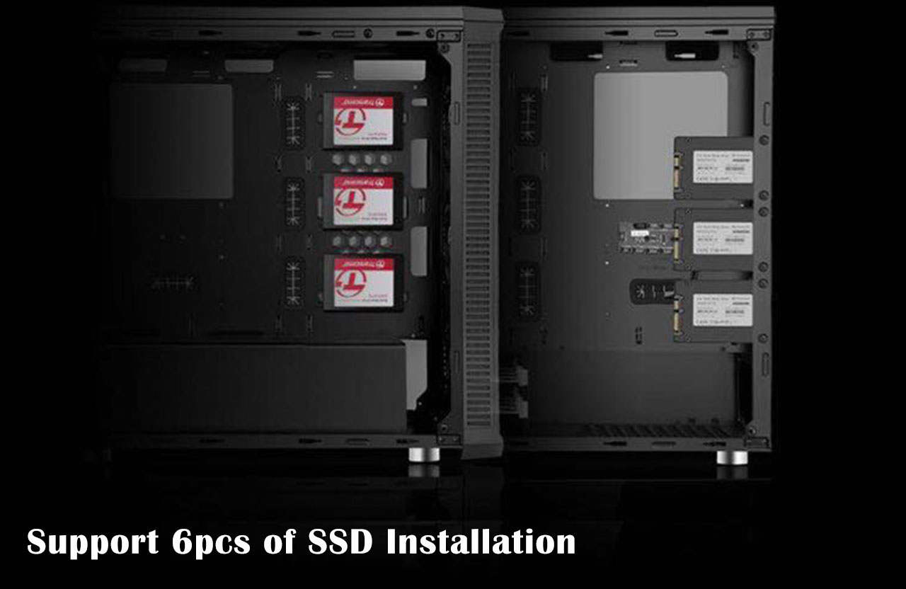 Two cases, one on top of the other, with their side panels removed showing 6 SSDs installed