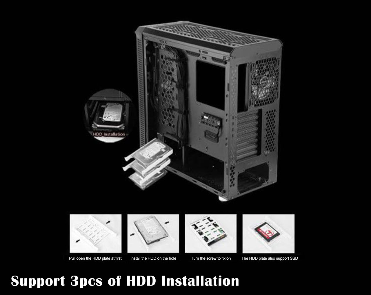 The case with its panels removed showing three separate HDDs in trays coming out of the case