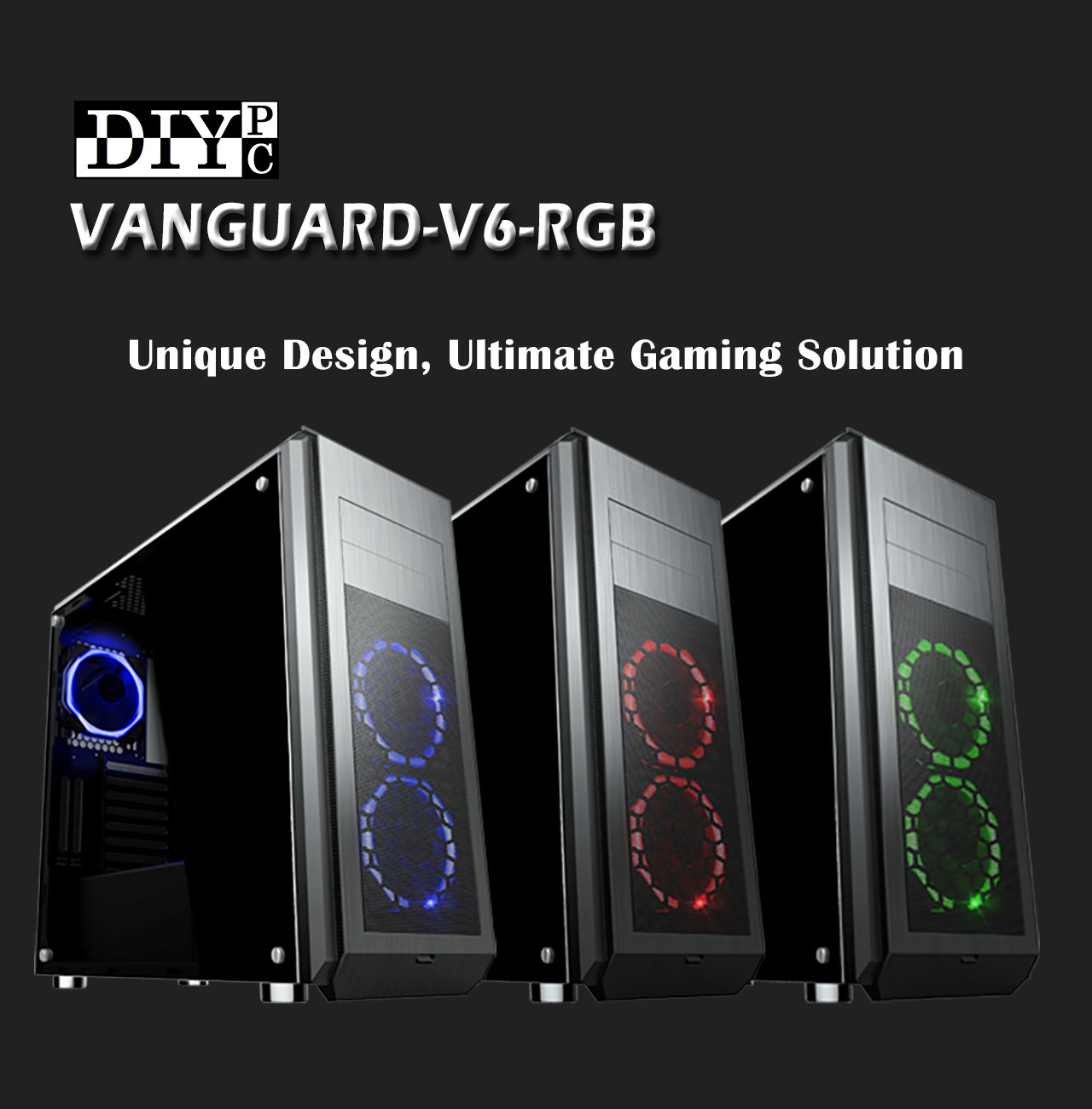 DIYPC VANGUARD-V6-RGB Banner showing the DIYPC logo, three cases (one blue, one red and one green)