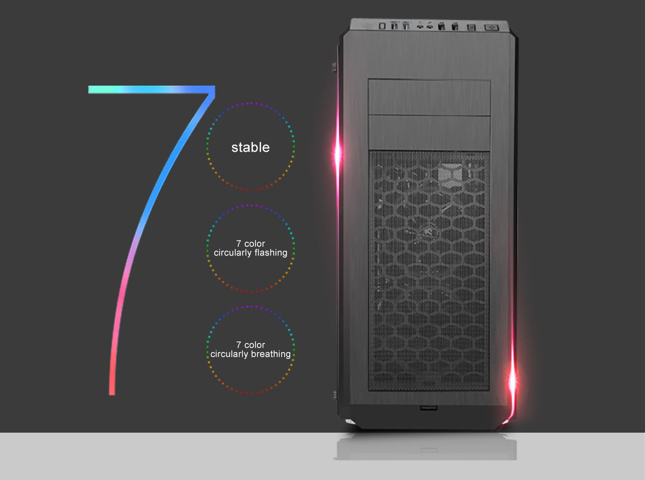 The case facing forward next to a graphic of the number 7 and text that reads: stable, 7-color circular flashing and 7-color circular breathing