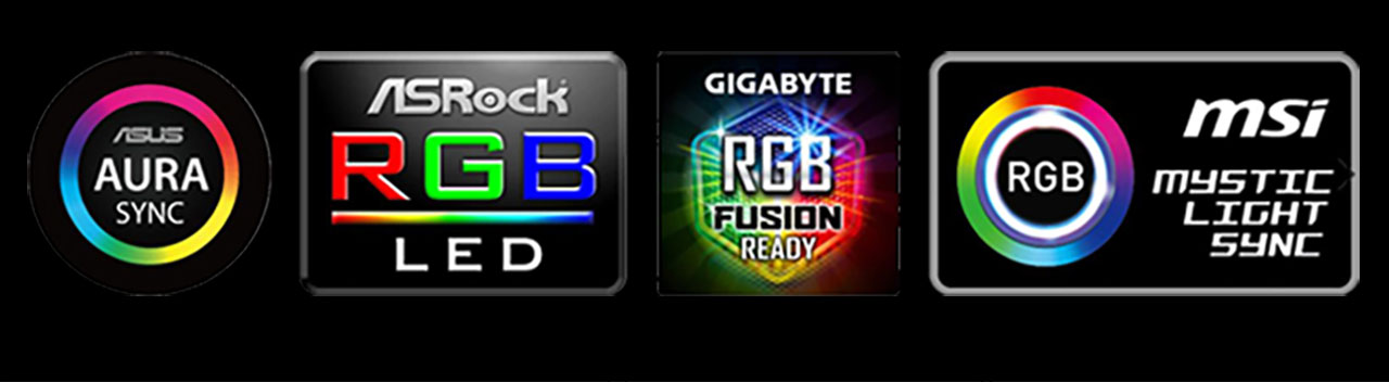 Logos of ASUS Aura Sync, ASRock RGB LED, GIGABYTE RGB Fusion and MSI Mystic Light