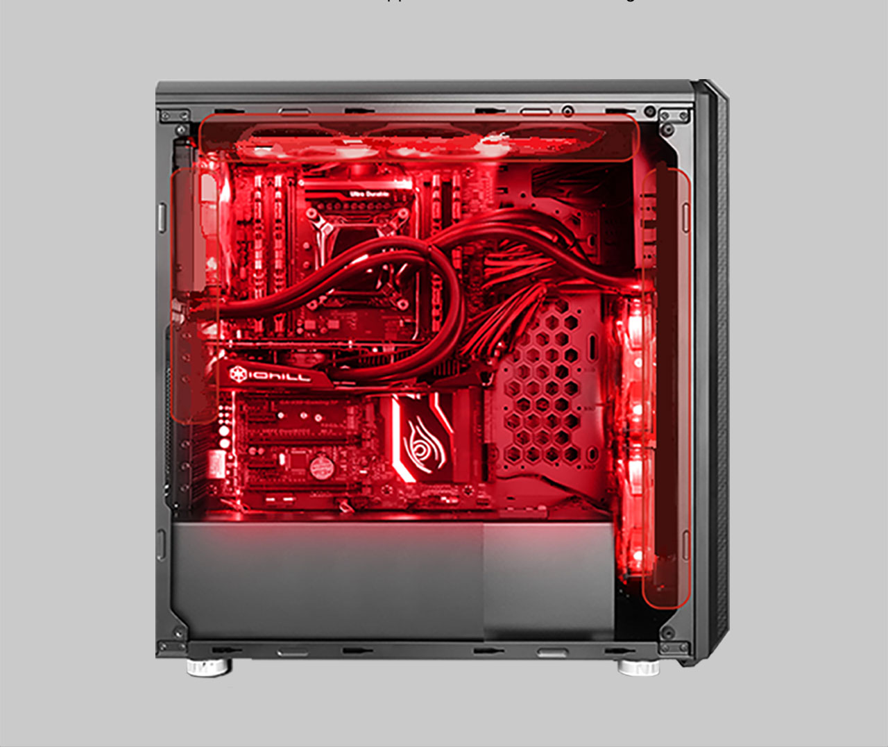 Side shot of the case showing red lighting and all components inside