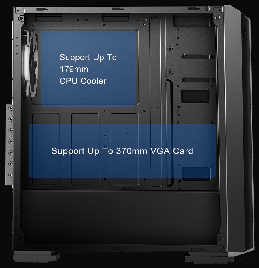 The DIYPC Rainbow-Flash-V2 Case facing to the right with its side panel removed and transparent blue highlighted areas indicating: Support for up to a 179mm CPU Cooler and support for up to a 370mm graphics card