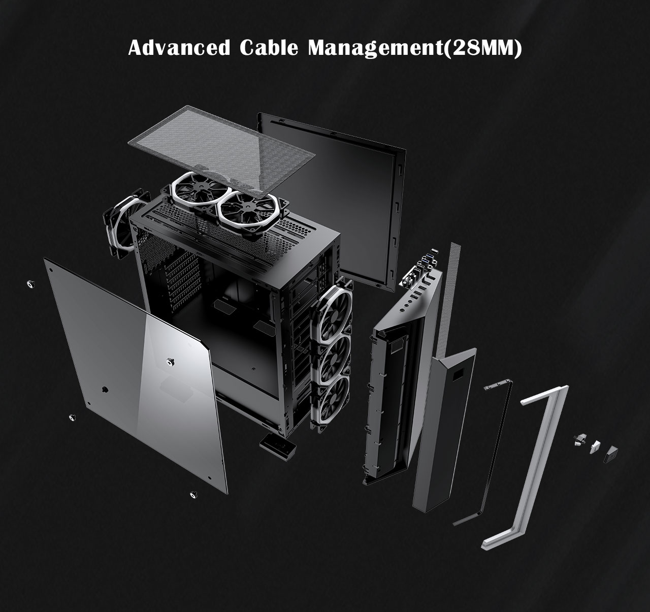 Thhe DIYPC Rainbow-Flash-V2 Case with all pieces removed and floating next to each other. Above the pieces is text that reads: Adavanced Cable Management (28mm)