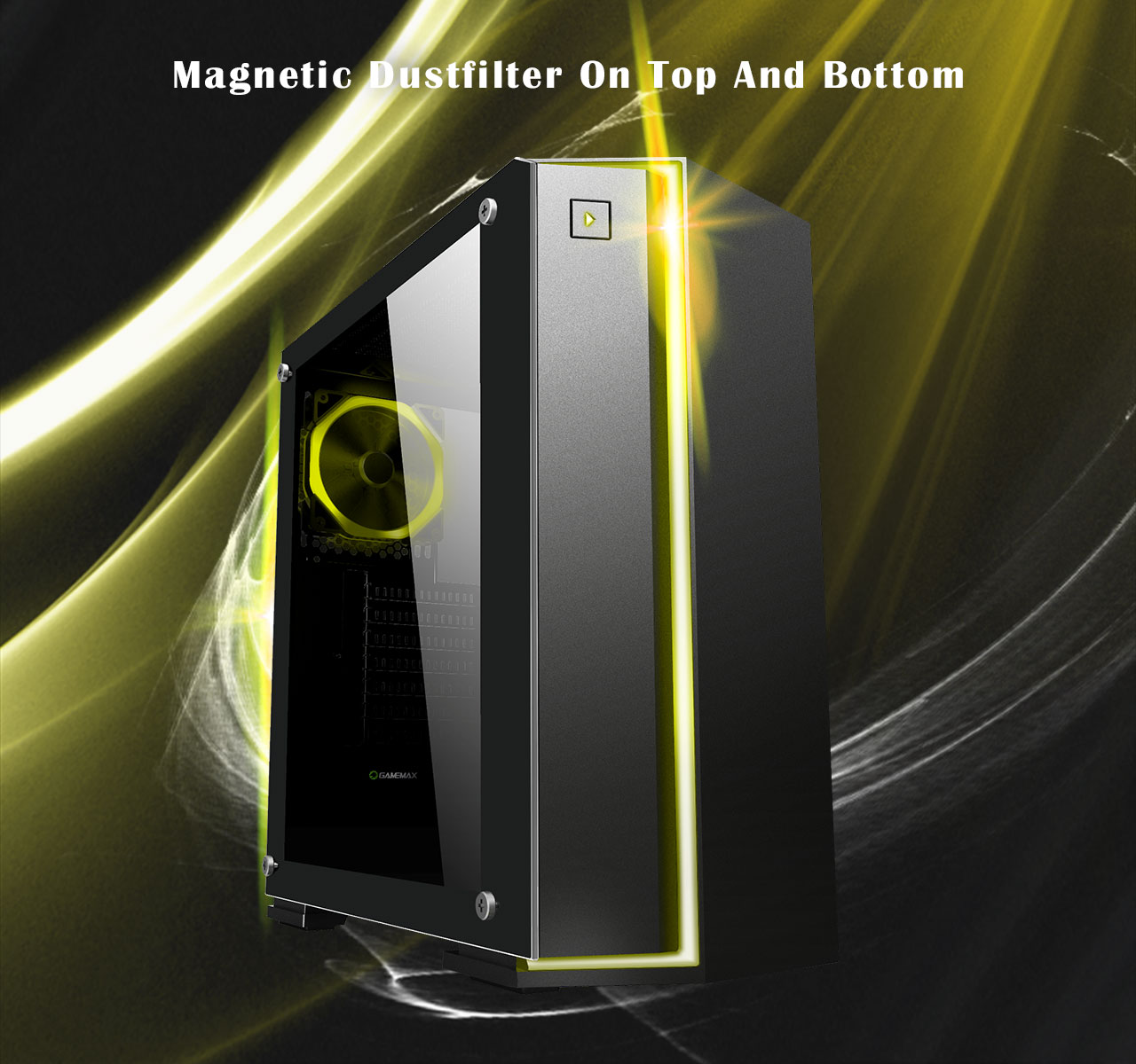 The DIYPC Rainbow-Flash-V2 Case facing slightly to the right with yellow lighting. There is text above the case that reads: Magnetic Dust filter on top and bottom
