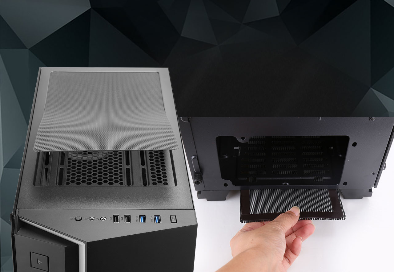The dust filter on top of the DIYPC Rainbow-Flash-V2 Case and a separate image of a hand pulling out the dust filter from the bottom of the case