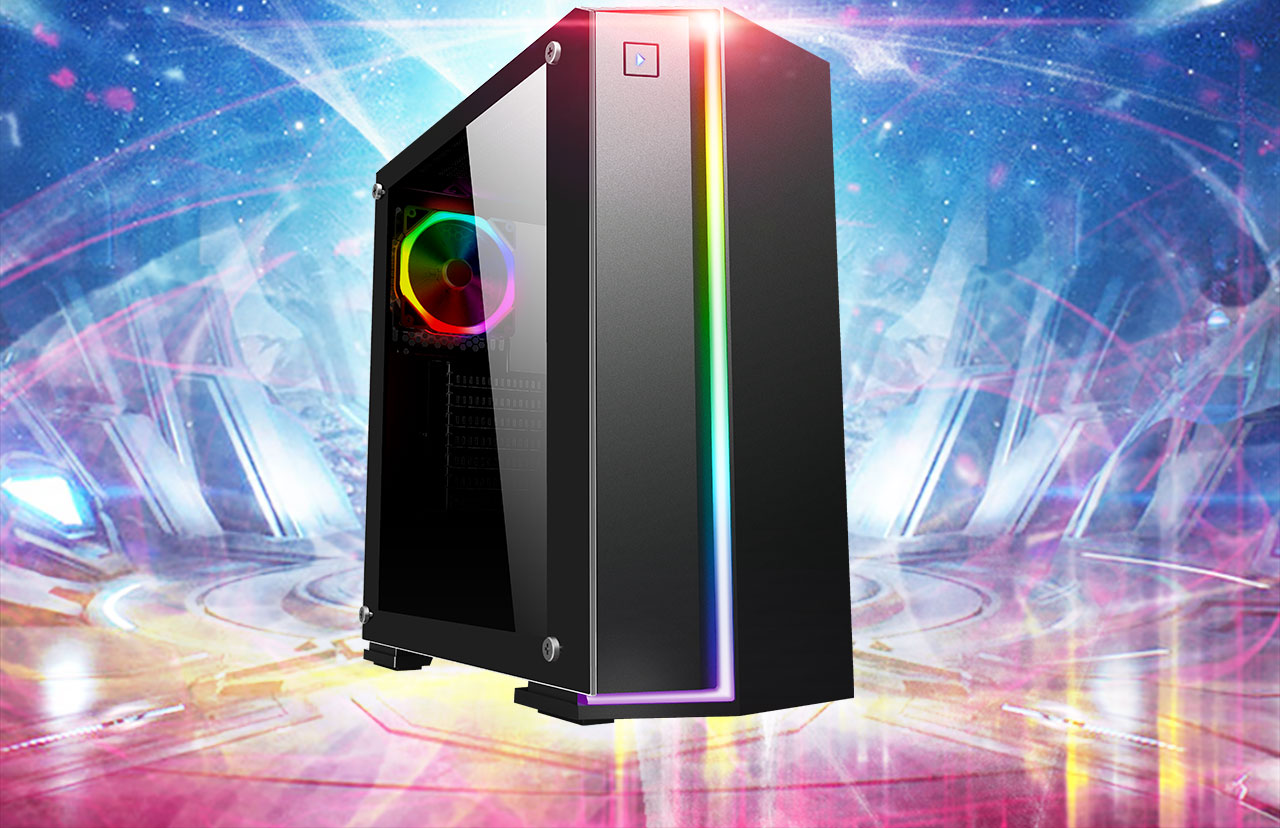 The DIYPC Rainbow-Flash-V2 Case Facing to the right with a spectral galactical light colored background