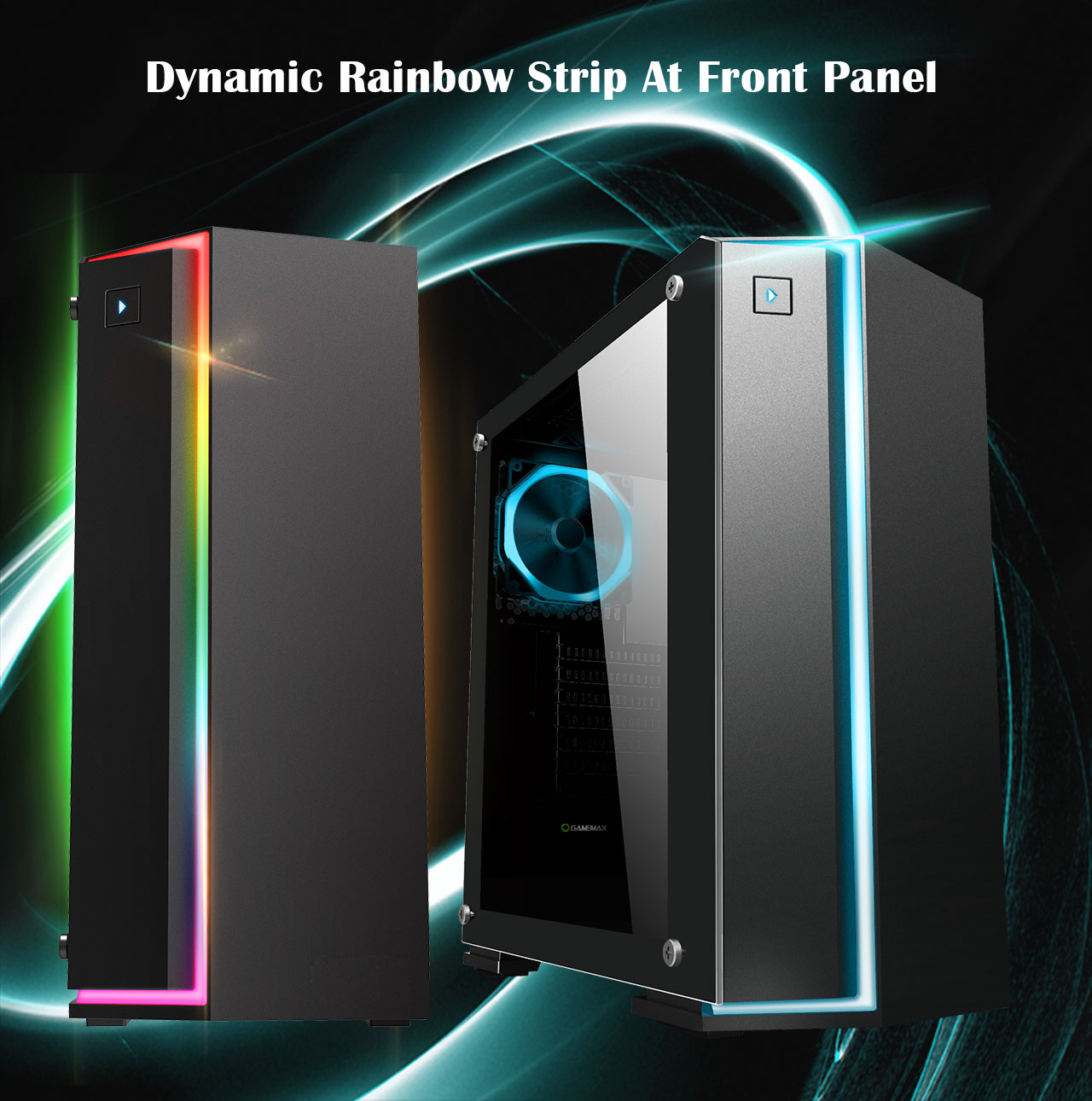 Two DIYPC Rainbow-Flash-V2 Cases, One facing forward showing off it's front rainbow RGB strip and the other facing to the right showing its front light strip in light blue and blue RGB fan in the rear. There is also text that reads: Dynamic Rainbow Strip at Front Panel