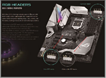 A compatible Aura-enabled motherboard with two 5V addressable RGB headers being pointed out