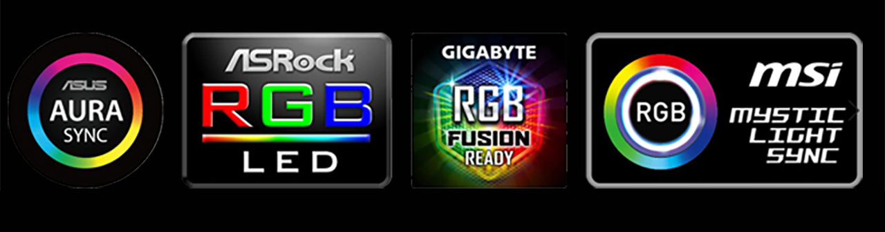 Logos for: ASUS AURA Sync, ASRock RGB LED, GIGABYTE RGB Fusion Ready and MSI MYSTIC LIGHT SYNC
