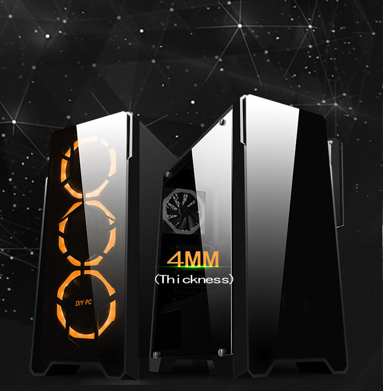 Two DIYPC case facing away from each other, the left case has orange RGB lighting and there is text in between the cases that reads: 4MM (Thickness)