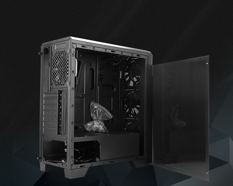 DIYPC case facing away to the right with its side panel removed to the side