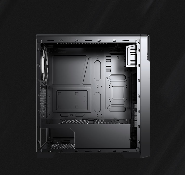 DIYPC case facing to the right with its side panel removed