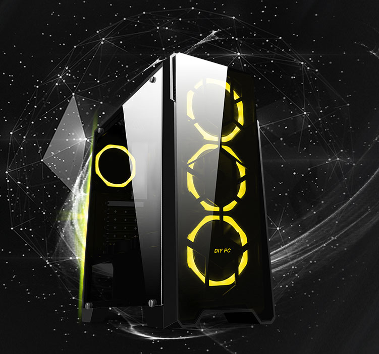 DIYPC case facing slightly to the right with yellow RGB-lit fans