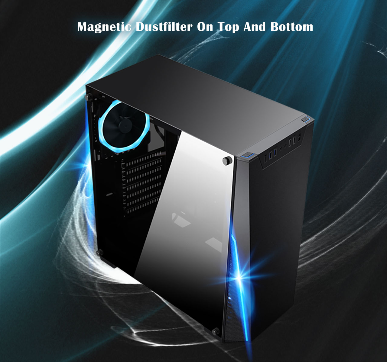The DIYPC Rainbow-Flash-R1 Case facing slightly to the right with blue-accented lighting. There is text above the case that reads: Magnetic Dust filter on top and bottom