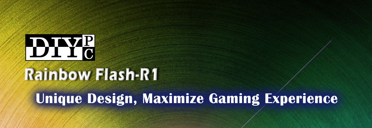 DIYPC  Logo and text that reads: Rainbow-Flash-R1 Case. Unique Design, Maximize Gaming Experience