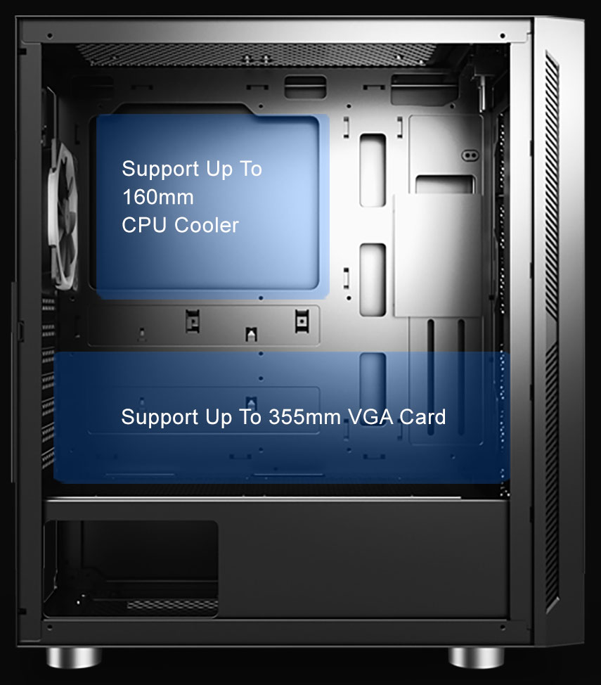 The DIYPC DIY-Model S-RGB Case facing to the right with its side panel removed and transparent blue highlighted areas indicating: Support for up to a 160mm CPU Cooler and support for up to a 355mm graphics card