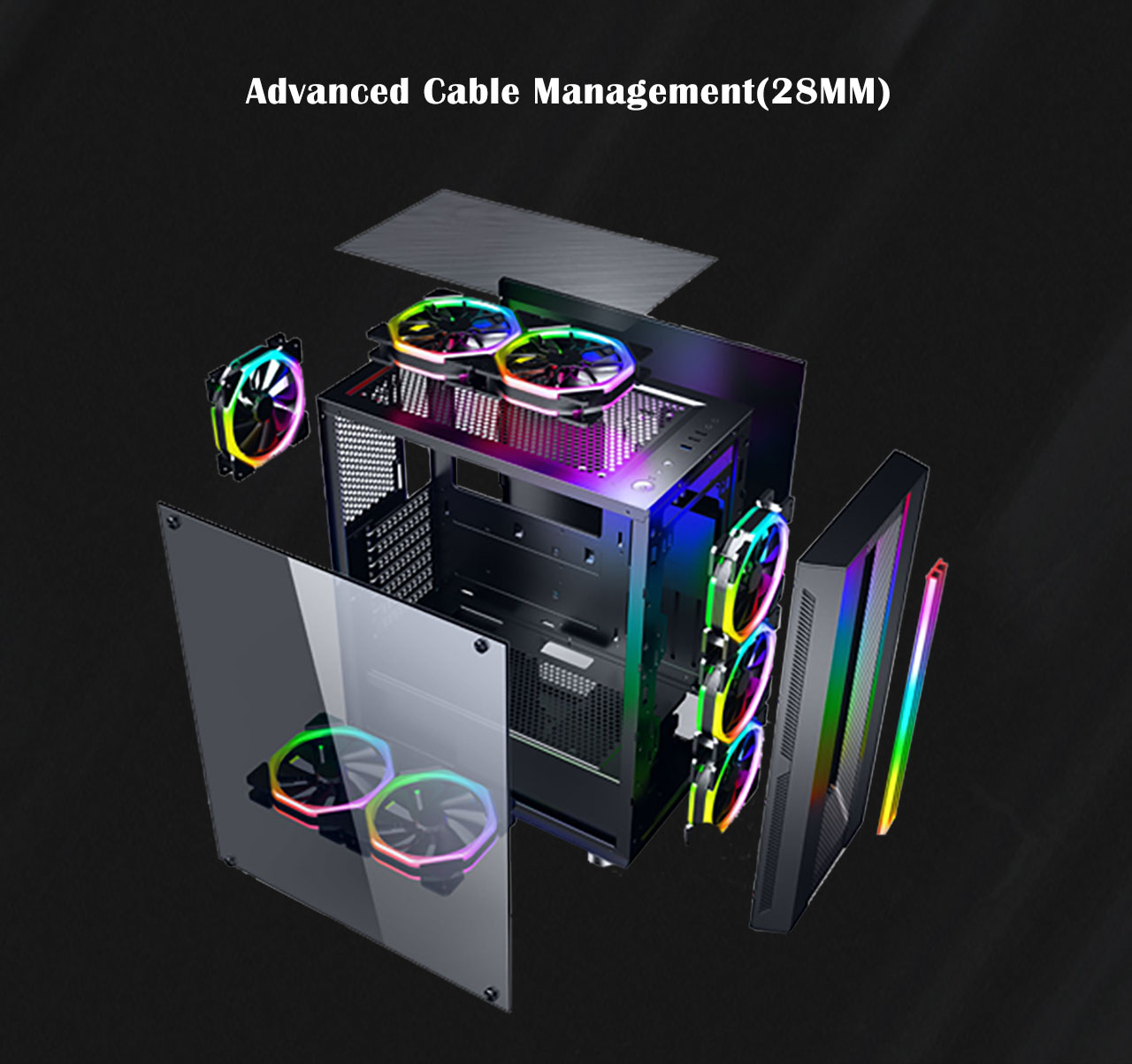 The DIYPC DIY-Model S-RGB Case with all pieces removed and floating next to each other, including rainbow-lit RGB fans and strips. Above the pieces is text that reads: Adavanced Cable Management (28mm)