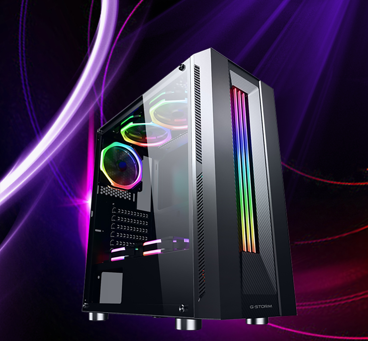 The DIYPC DIY-Model S-RGB Case facing to the right with RGB fans installed and rainbow light strips in front. The background is spectral purple graphics
