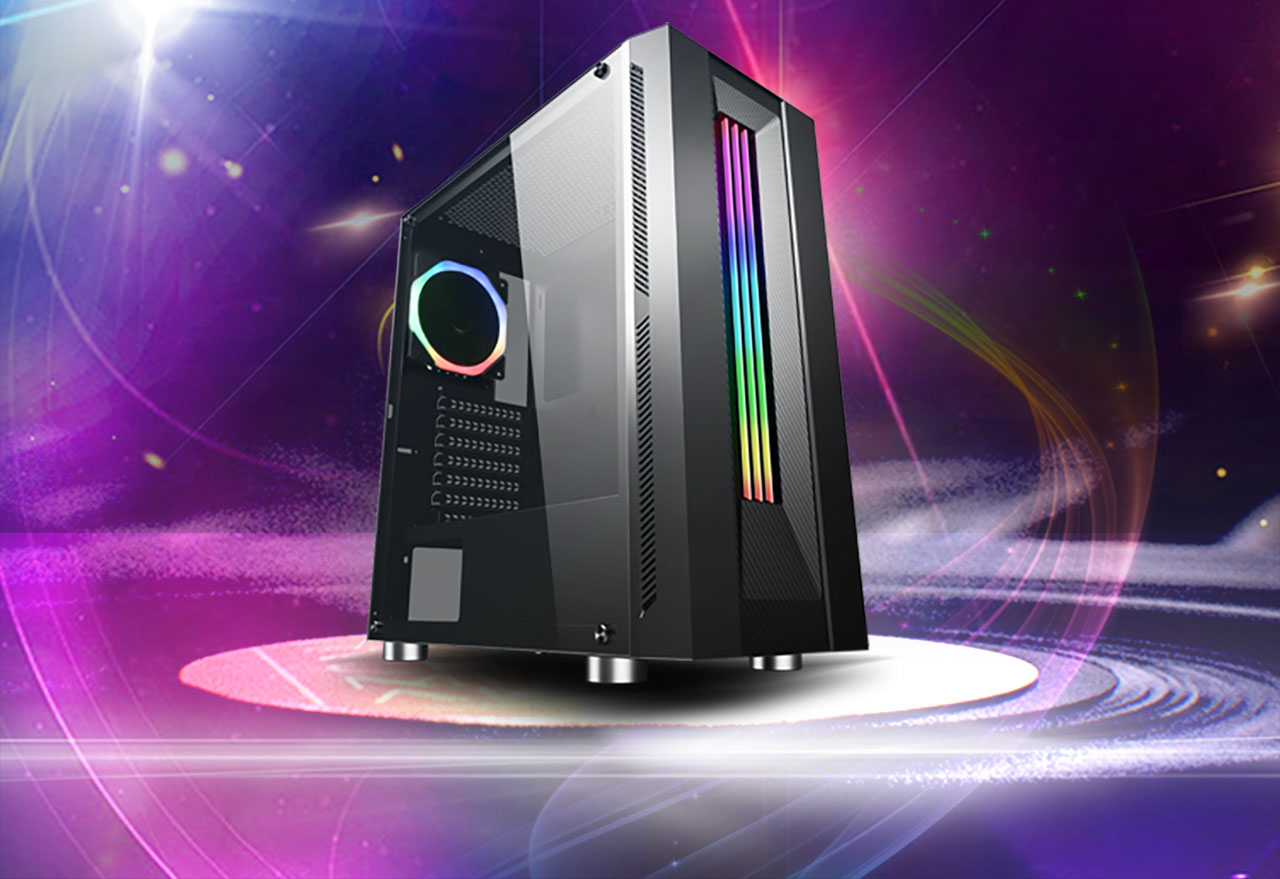 The DIYPC DIY-Model S-RGB Case facing to the right in front of a purple spectral graphic-design galactic background