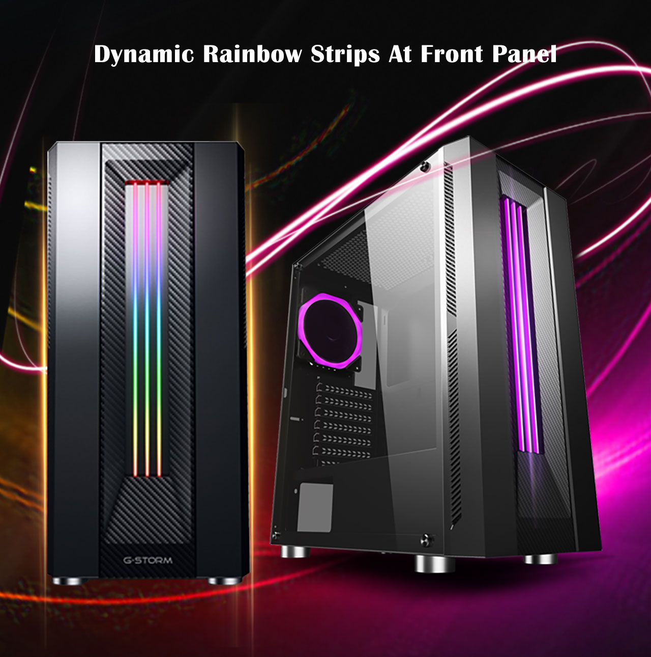 Two DIYPC DIY-Model S-RGB Cases, one facing forward showing off its rainbow RGB strips in front, and the other case faces to the right with purple-lit strips in front and purple fan in back. The text above the cases reads: Dynamic Rainbow Strips at Front Panel