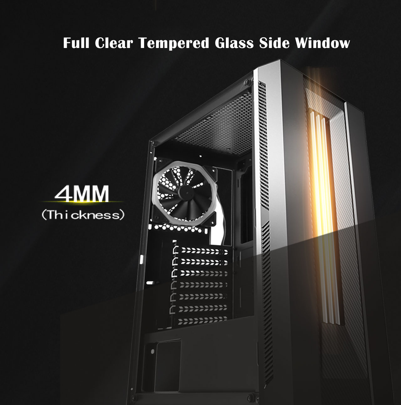The DIYPC DIY-Model S-RGB Case facing to the right with orange lighting strips and text that reads: 4MM Thickness. The text above reads: Full Clear Tempered Glass Side Window