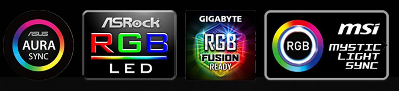 Logos for: ASUS AURA Sync, ASRock RGB LED, GIGABYTE RGB Fusion Ready and MSI MYSTIC LIGHT SYNC