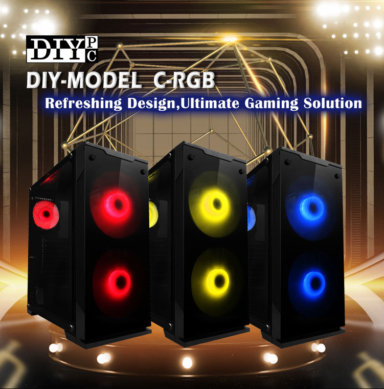 DIYPC DIY-MODEL C-RGB Banner showing three cases (one with red fans, one with yellow and one with blue) and text that reads Refreshing Design, Ultimate Gaming Solution
