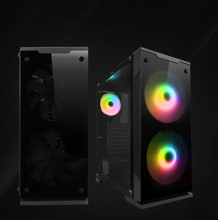 Two cases, one faces forward with no lighting and the other to side showing rainbow-colored fans
