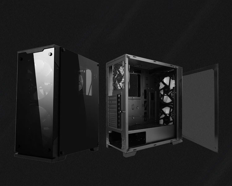 Two cases, one front-facing to the left side and the other with its panel open facing away to the right side