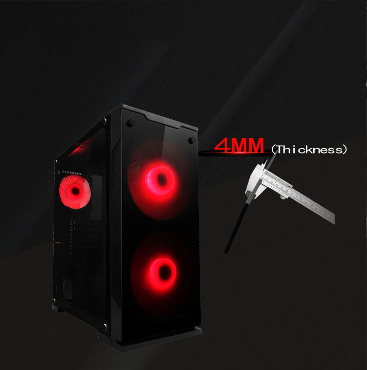 Case with 3 red-lit fans facing to the right with text that reads 4MM (Thickness)