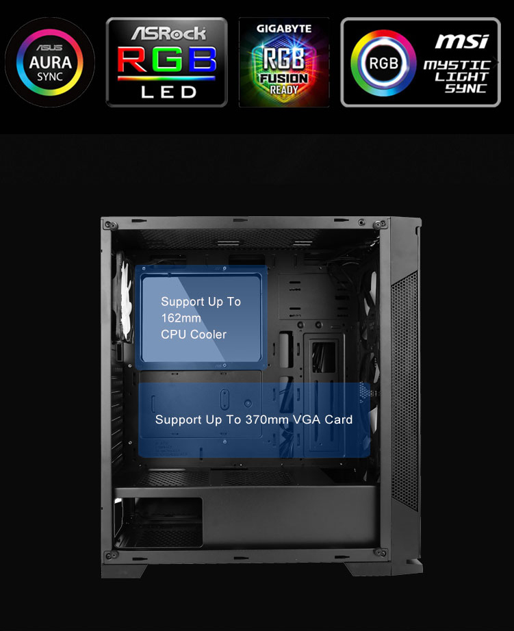 DIYPC case with logos of compatible RGB software and where the CPU cooler and graphics card can be inserted