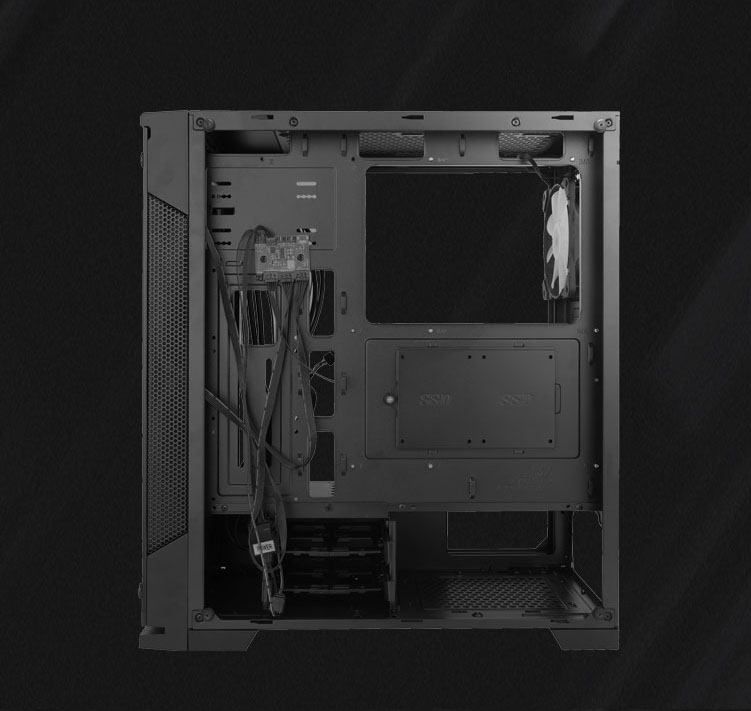 Side shot of the case with its panel removed showing where cables can be routed