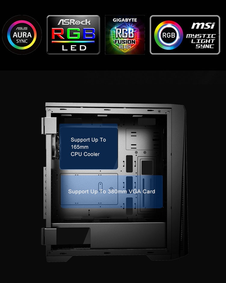 Logos for: ASUS AURA SYNC, ASRock RGB LED, GIGABYTE RGB FUSION READY and MSI MYSTIC LIGHT SYNC. Below the logos is the DIYPC VX-RGB Facing to the right with its side panel removed and graphic ares highlighting: support up to 165mm CPU cooler and support up to 380mm graphics cards