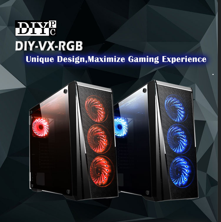 DIYPC VX-RGB Banner Showing Two Cases (one with red case fans and the other with blue) angled to the right. There is text that reads: Unique Design, Maximize Gaming Experience